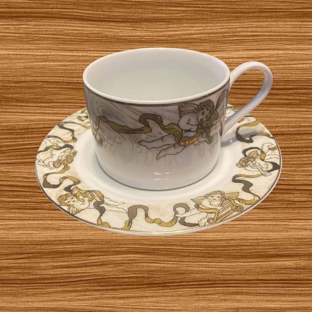 Heavenly Host Porcelain Cup and Saucer by American Atelier Cherub Angles Gold